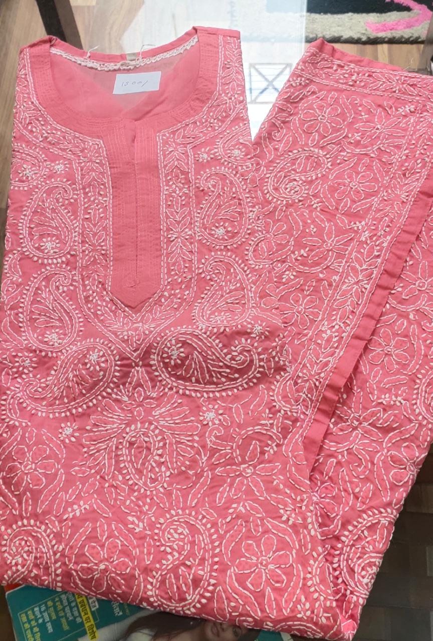 Pink & White Embroidered Chikankari Kurta