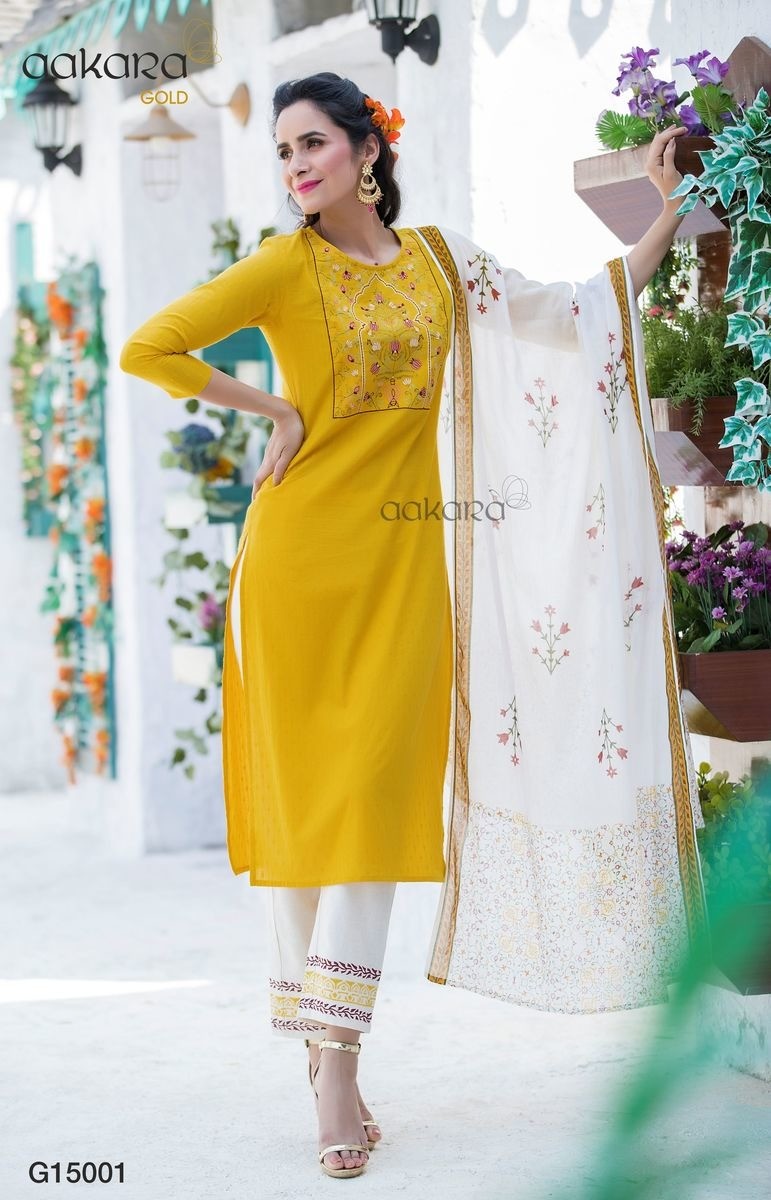 SUNSIM FASHION  - Aakara Gold 15 Kurti with Pant/Palazzo and Dupatta Set Catalog