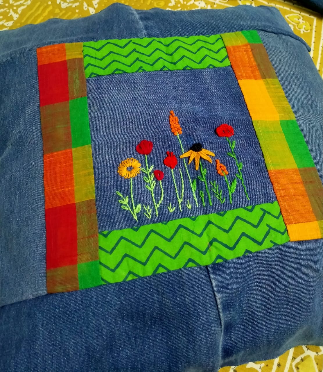 3D flower garden denim cushion cover || set of— 1