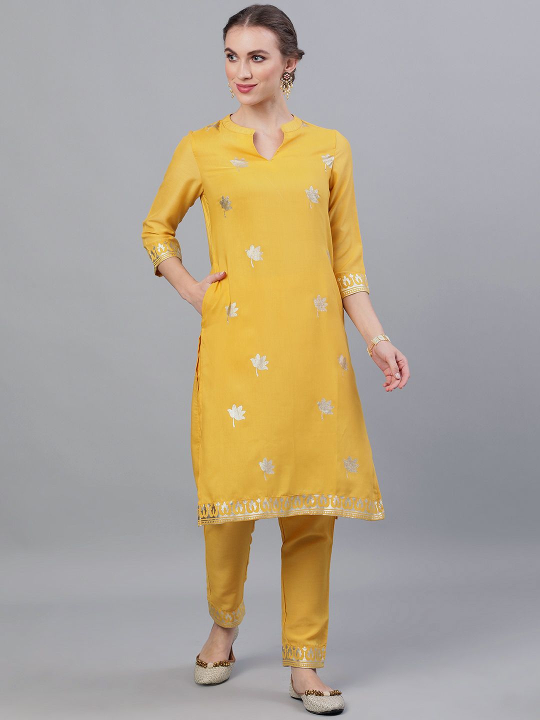 Yellow Foil Printed Straight Kurta & Pant Set