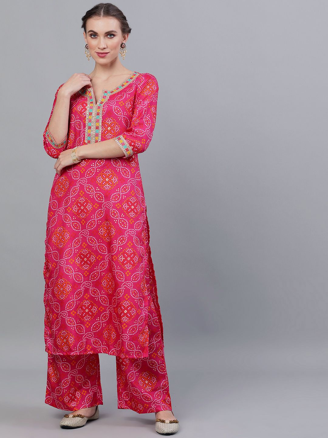 Pink & Orange Bandhani Printed Straight Kurta With Palazzo Set