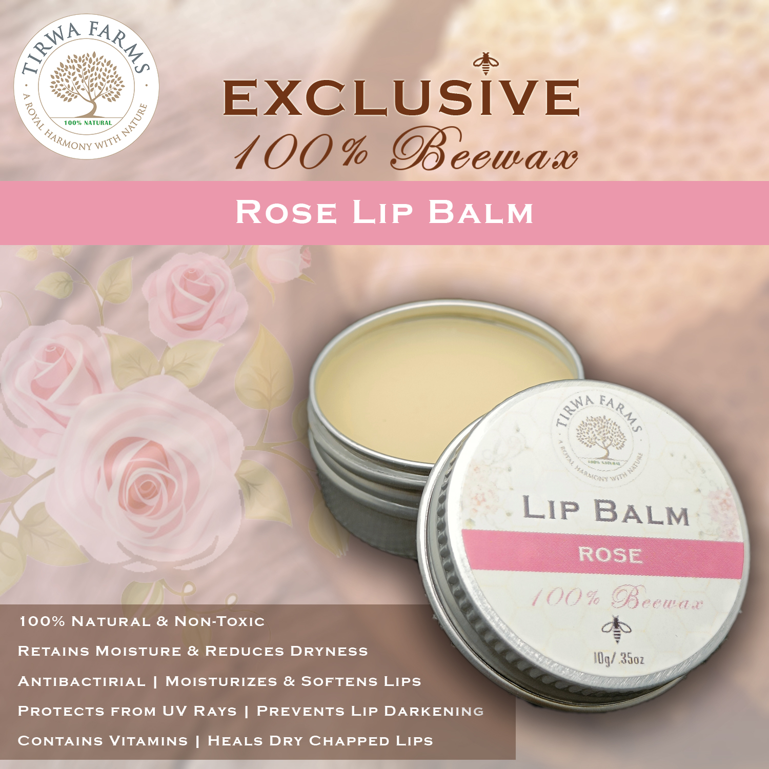 100% Natural & Pure Beewax Lip Balm - ROSE