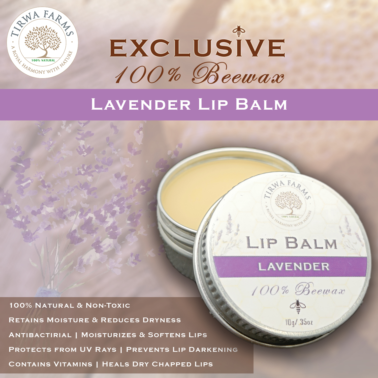 100% Natural & Pure Beewax Lip Balm - Lavender