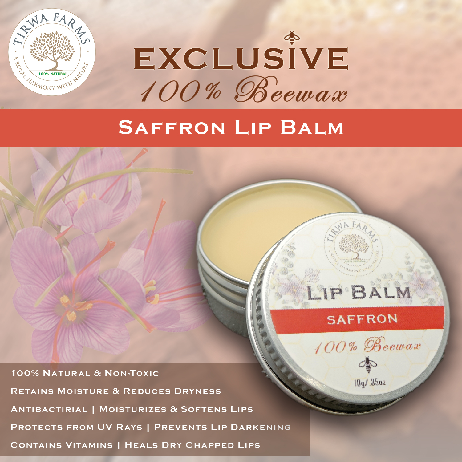 100% Natural & Pure Beewax Lip Balm - Saffron