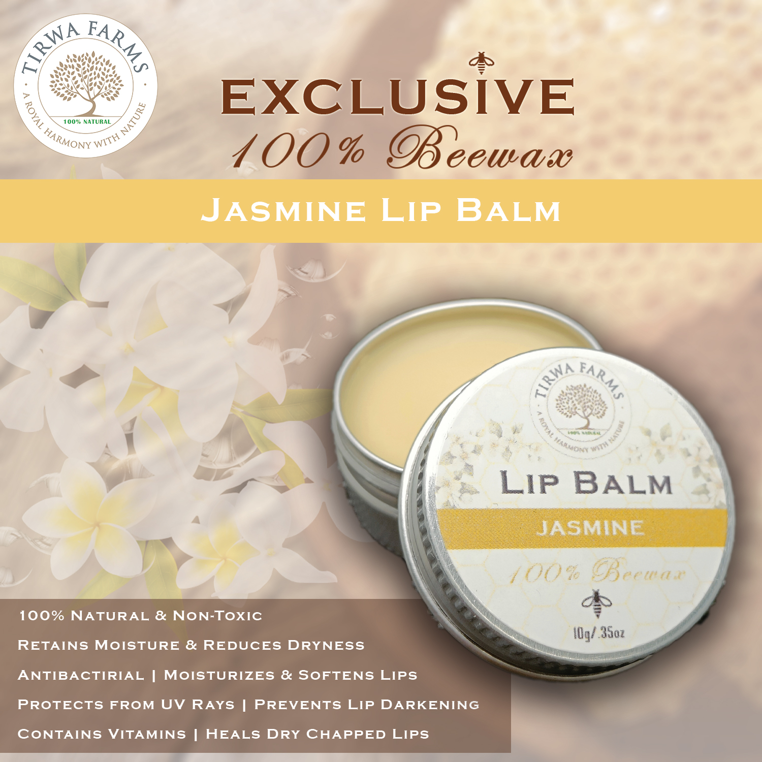 100% Natural & Pure Beewax Lip Balm - Jasmine