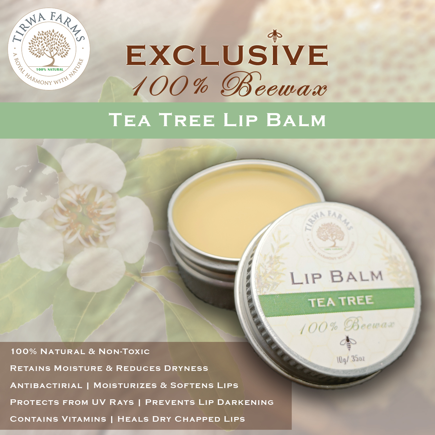 100% Natural & Pure Beewax Lip Balm - TeaTree
