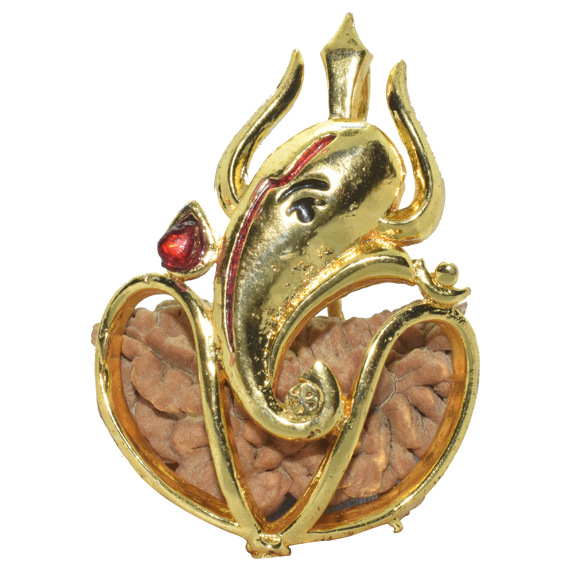 Trideva Blessings 1 Mukhi Rudraksha Trishul Ganesha Pendant (Golden Metal)