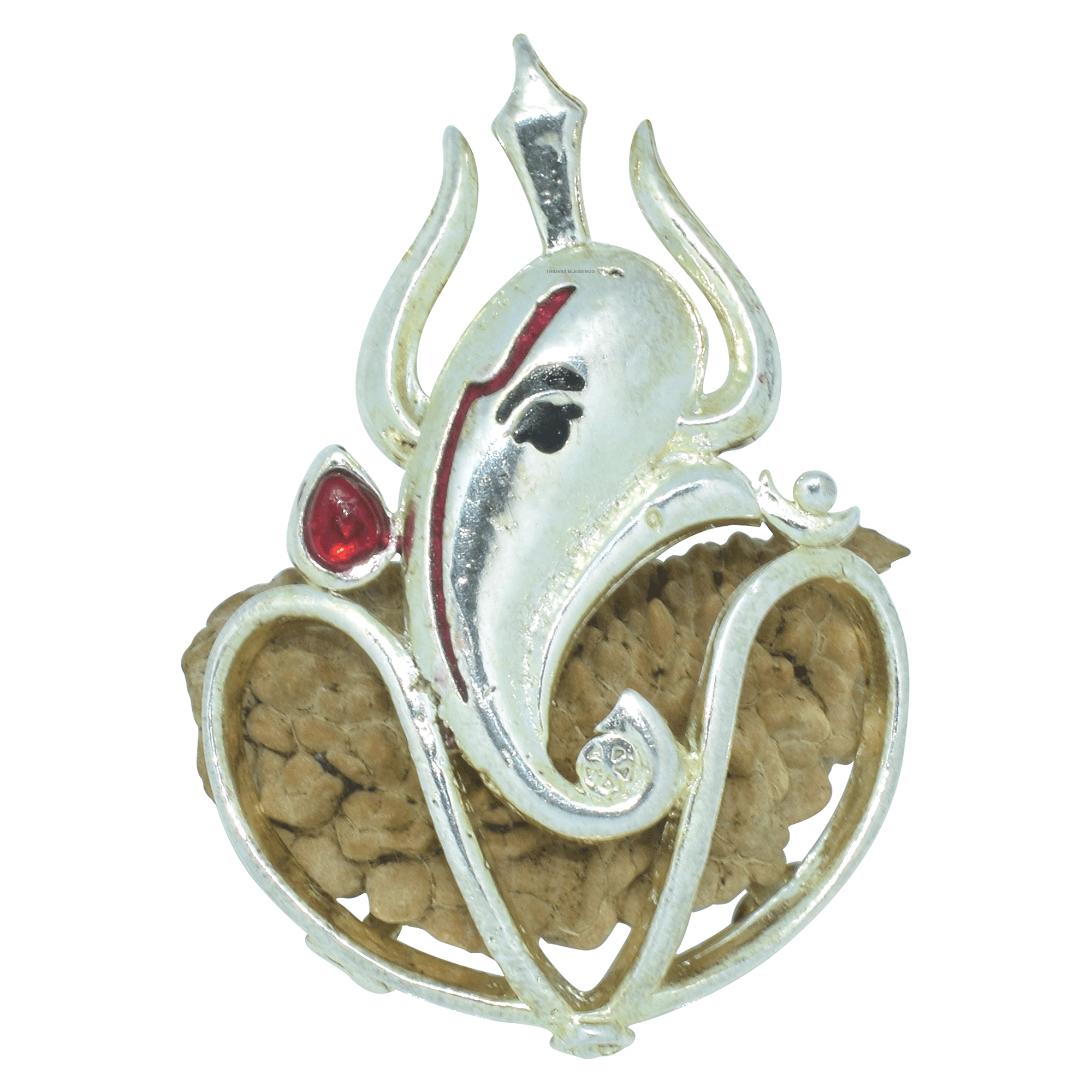 Trideva Blessings 1 Mukhi Rudraksha Trishul Ganesha Pendant (Silver Metal)