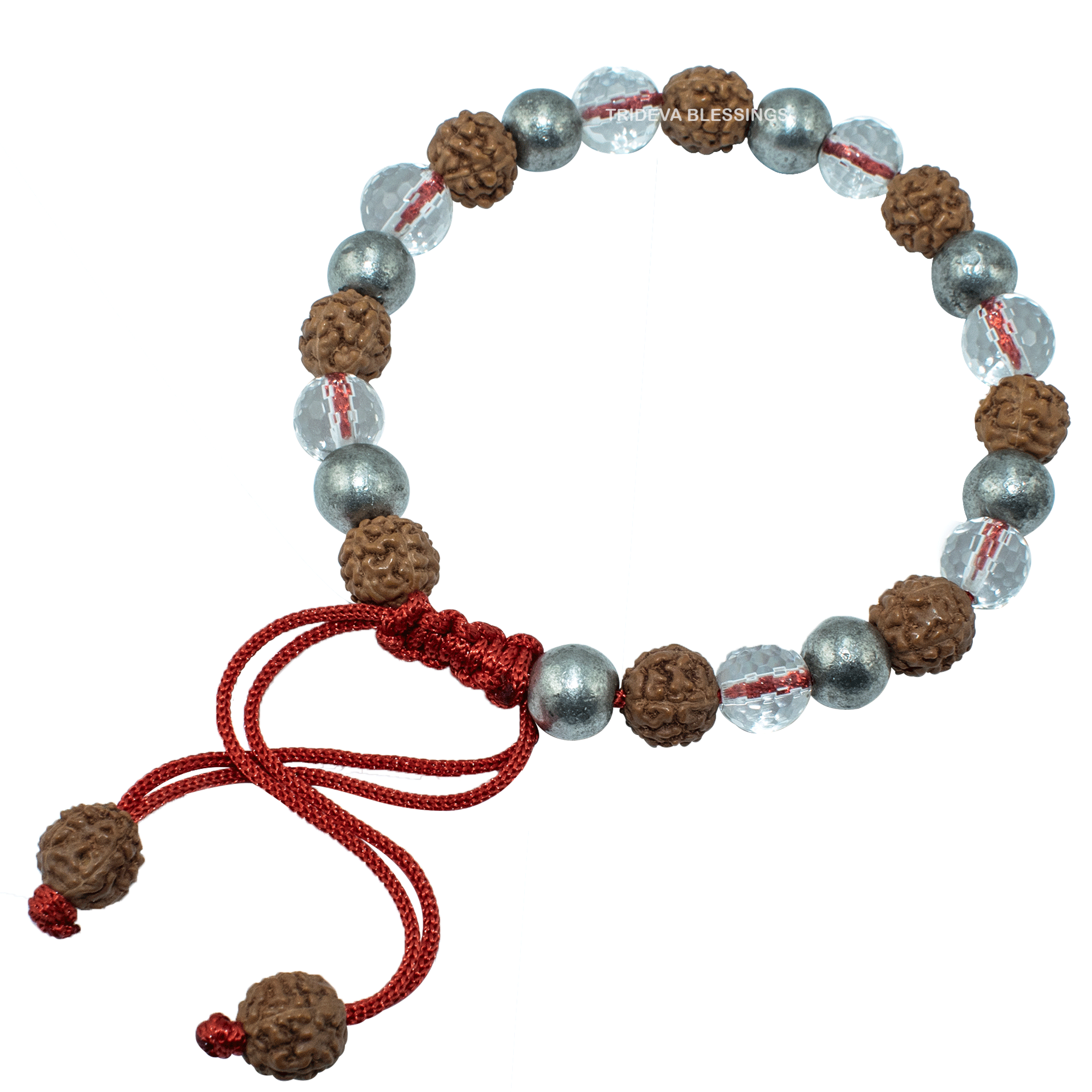 Trideva Blessings Rudraksha Sphatik, Pearl and Parad Bracelet / Rudraksha Crystal Quartz and Mercury Beads Bracelet In Thread