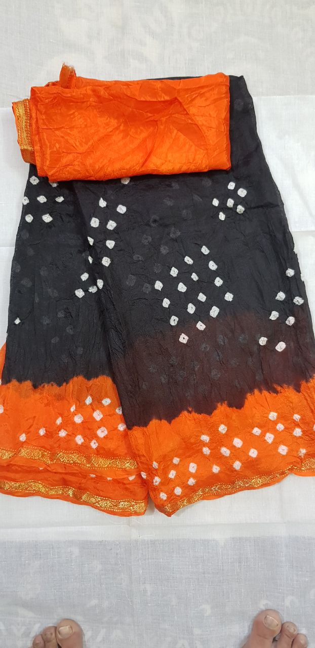 Adrija's Bridal Bandhani,Zari Border Black Saree With Blouse Piece