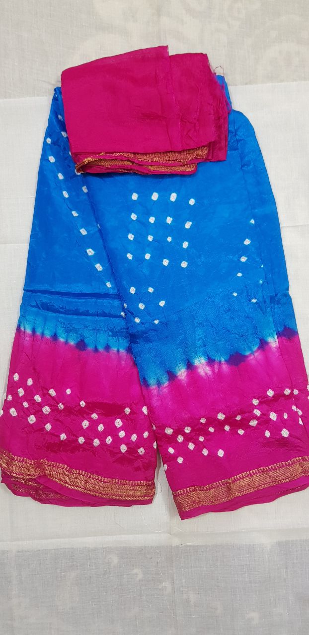Adrija's Bridal Bandhani,Zari Border Blue Saree With Blouse Piece