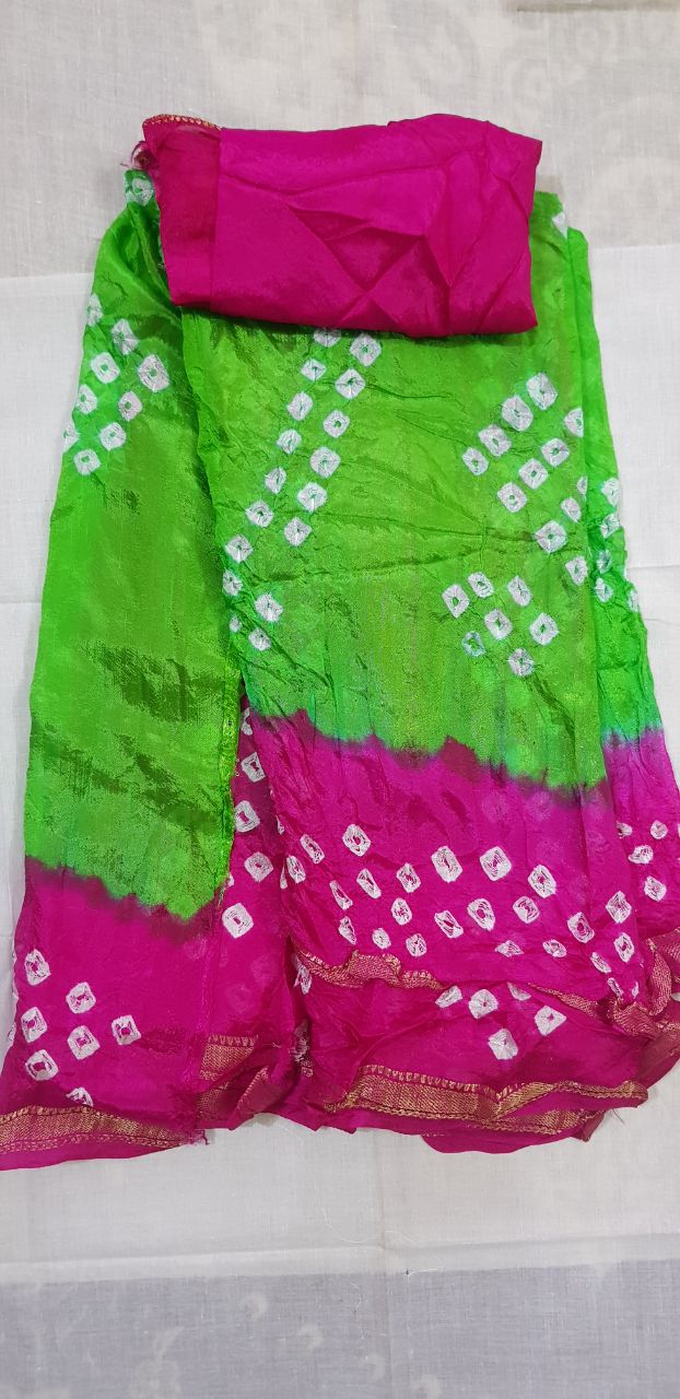 Adrija's Bridal Bandhani,Zari Border Green Saree With Blouse Piece