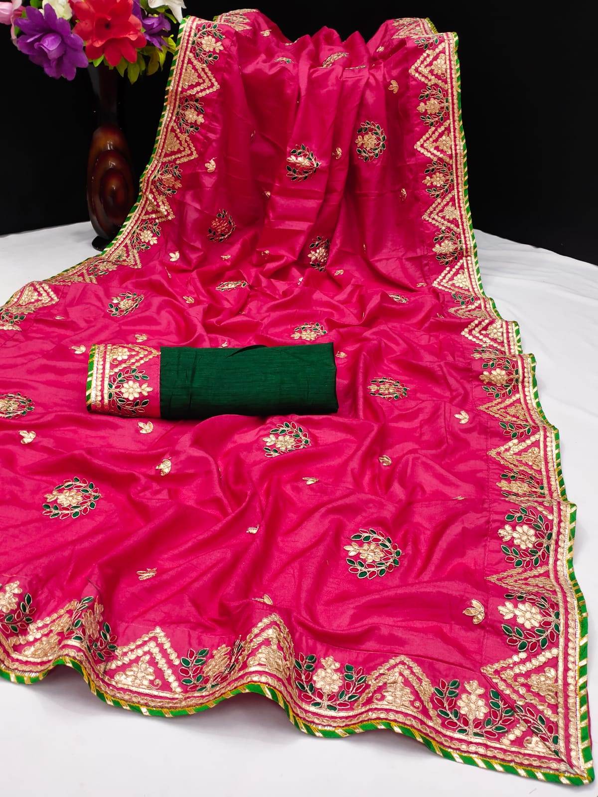 Pink Colored Dola Silk Embroidered Saree
