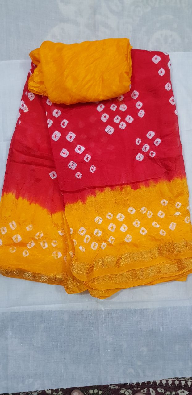 Adrija's Bridal Bandhani,Zari Border Red Saree With Blouse Piece