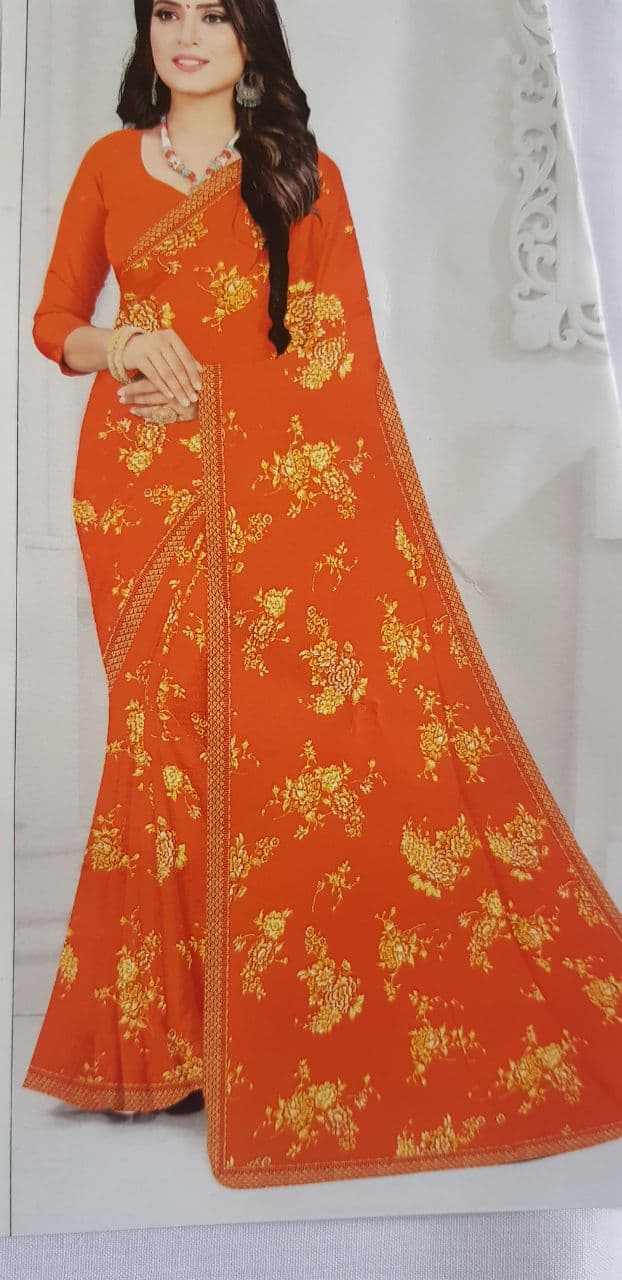 Women's Georgette,Lace border,Orange Saree With Blouse Piece