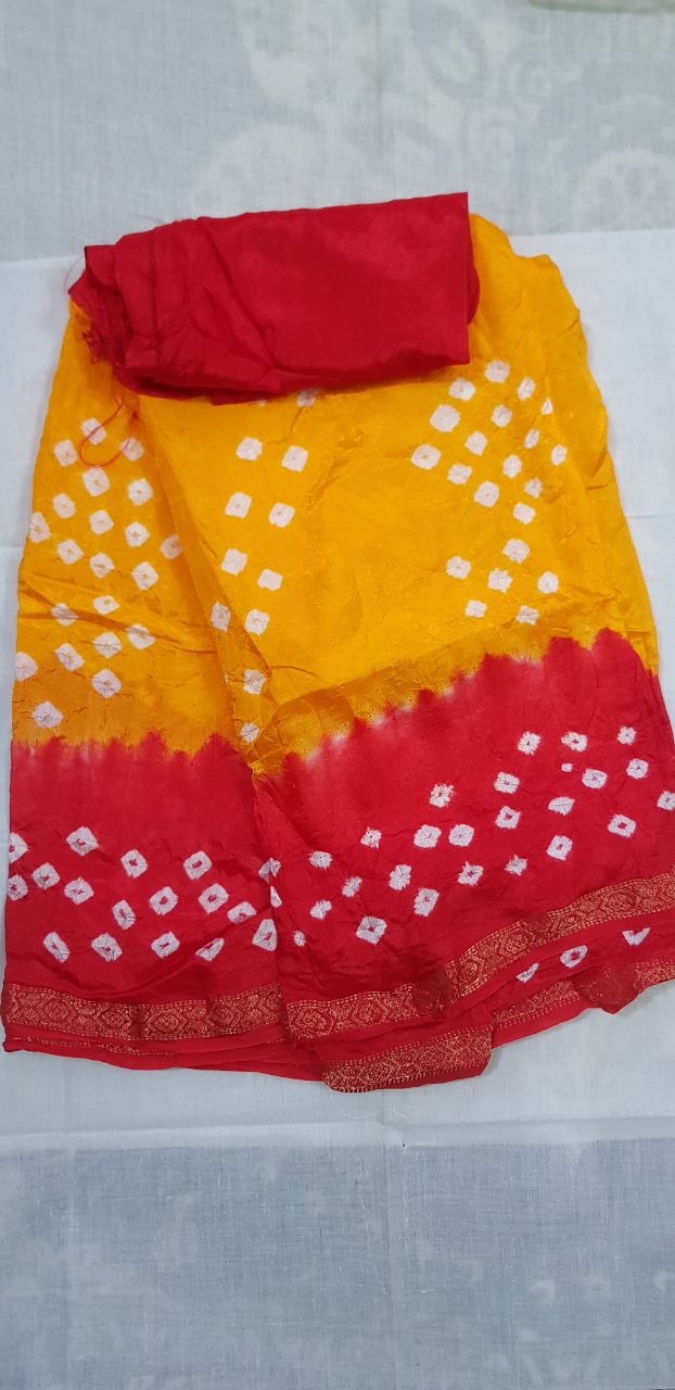 Adrija's Bridal Bandhani,Zari Border Yellow Saree With Blouse Piece