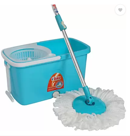 GALA Popular Spin Mop – With easy wheels, long handle, microfiber refill and water outlet – in Blue with White Mop Set