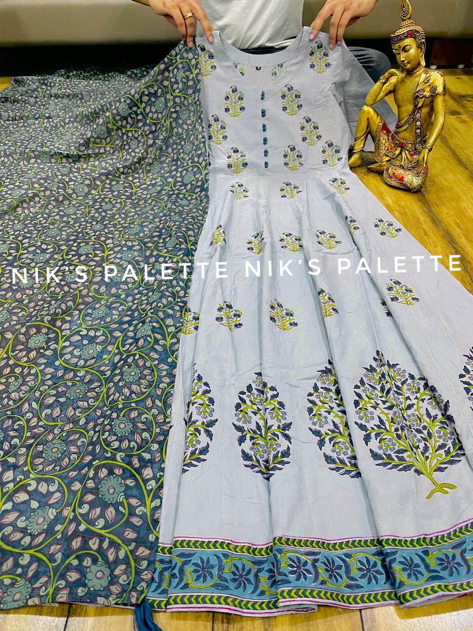   Premium cotton full flair anarkali gown with block print   *Kalamkari cotton dupatta *  Size   38 40 42 44