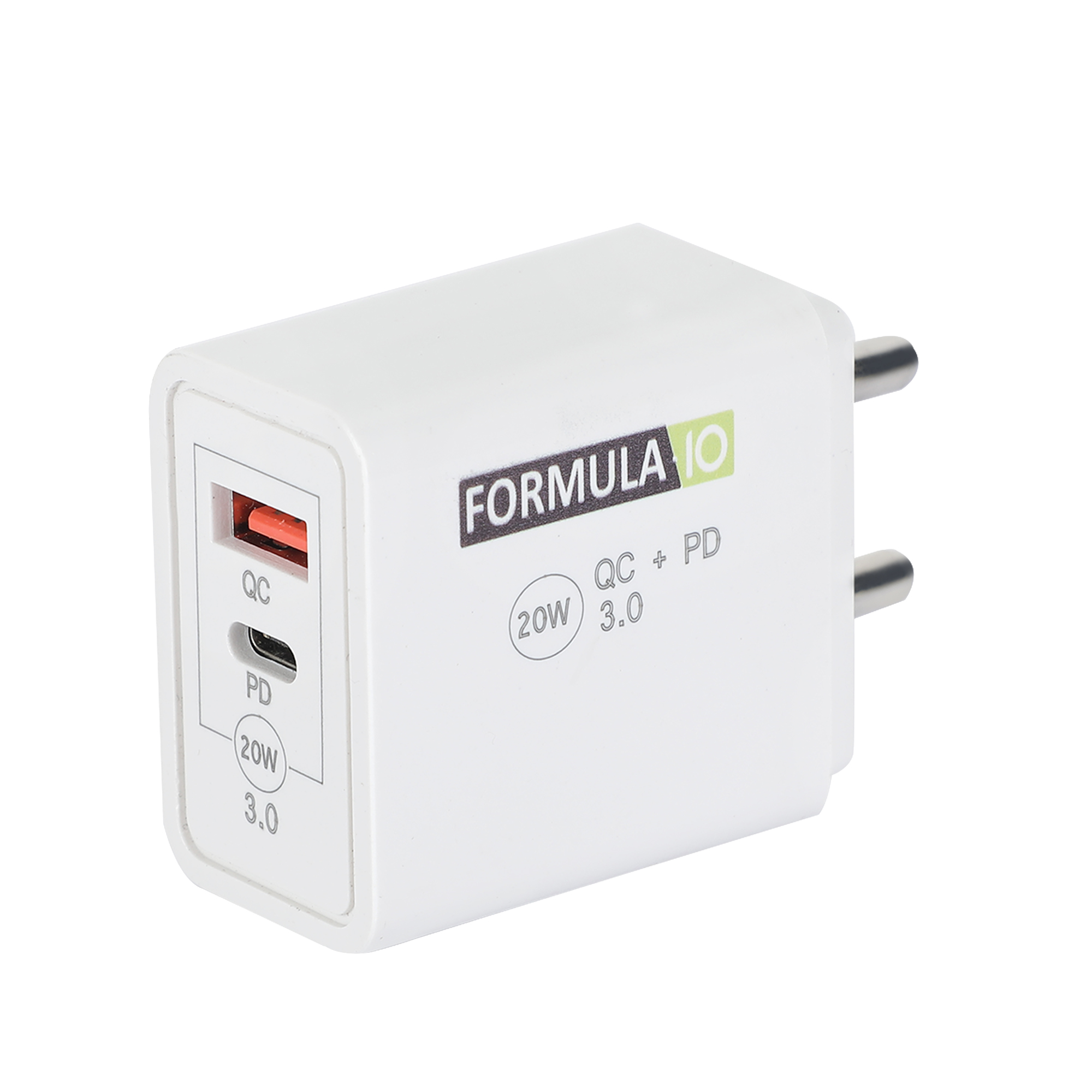 FormulaIO Quick Charger USB Wall Adapter with Single 3.0A Quick Charging USB Port + 20W PD Output for All iOS & Android Devices (White)