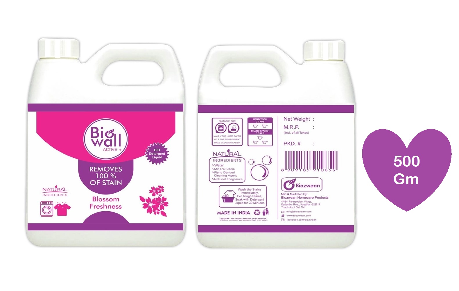 Biowall Active plus Liquid- Bio Detergent made with natural and eco-friendly ingredients (Blossom Fragrance)- 500 gm