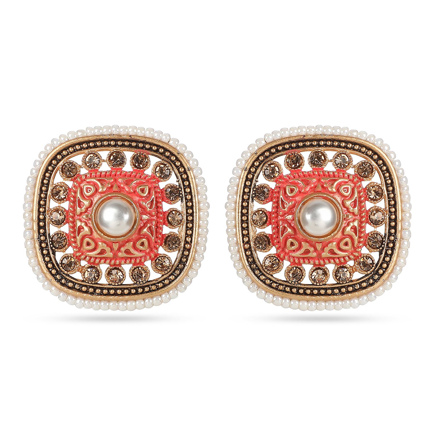 Traditional Indian Square Design Red Meenakari Zircon Zinc Stud Earring Alloy Stud Earring