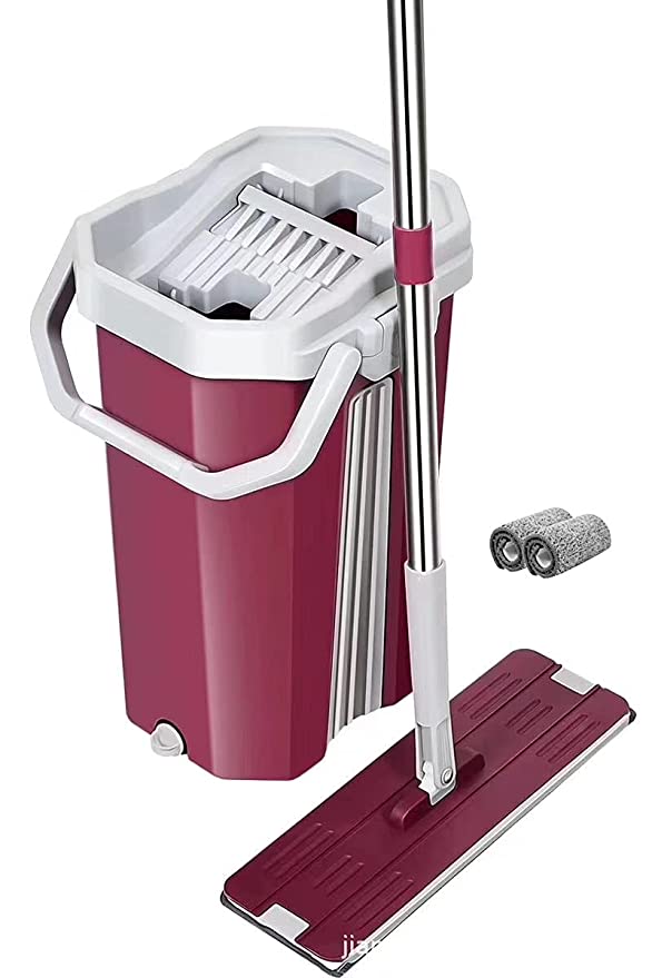 Mop with Bucket Hands-Free Squeeze Microfiber Flat Spin System 360° Flexible Head with 2 Super-Absorbent Pads, 59.8'' (33 X 12 cm) (Maroon-color)