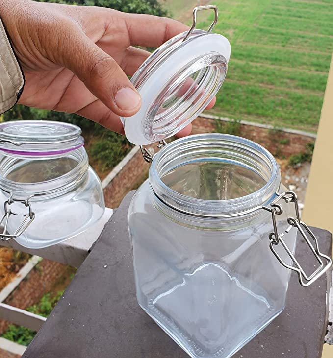 Square Shape Glass Jar 1000 ml/ Container With SS Buckle Lid | Airtight Food Storage Kitchen Jar | Dry Food Spice Container Airtight Lid. Glass Grocery Container- Premium Quality Clear Glass  (1 Liter, 1 Piece, Transparent)