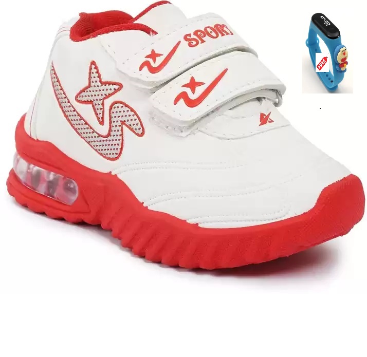 Kobu Trendy Latest Style Unisex Kids LED Shoes White/Red, Boys and Girls Casual   LED Shoe Free  smart Watch  Doraemon face , 18-24 Months, 2-2.5 Years, 2.5-3 Years, 3-3.5 Years, 3.5-4 Years, 4-4.5 Years, 4.5-5 Years