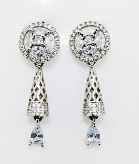 FASHIONABLE AMERICAN DIAMOND CONE JHUMKI DROPDOWN EARRINGS