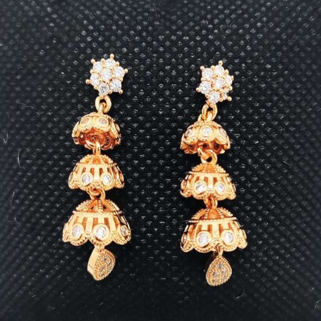 FASHIONABLE AMERICAN DIAMOND 3LAYER SMALL JHUMKI DESIGN DROPDOWN EARRINGS