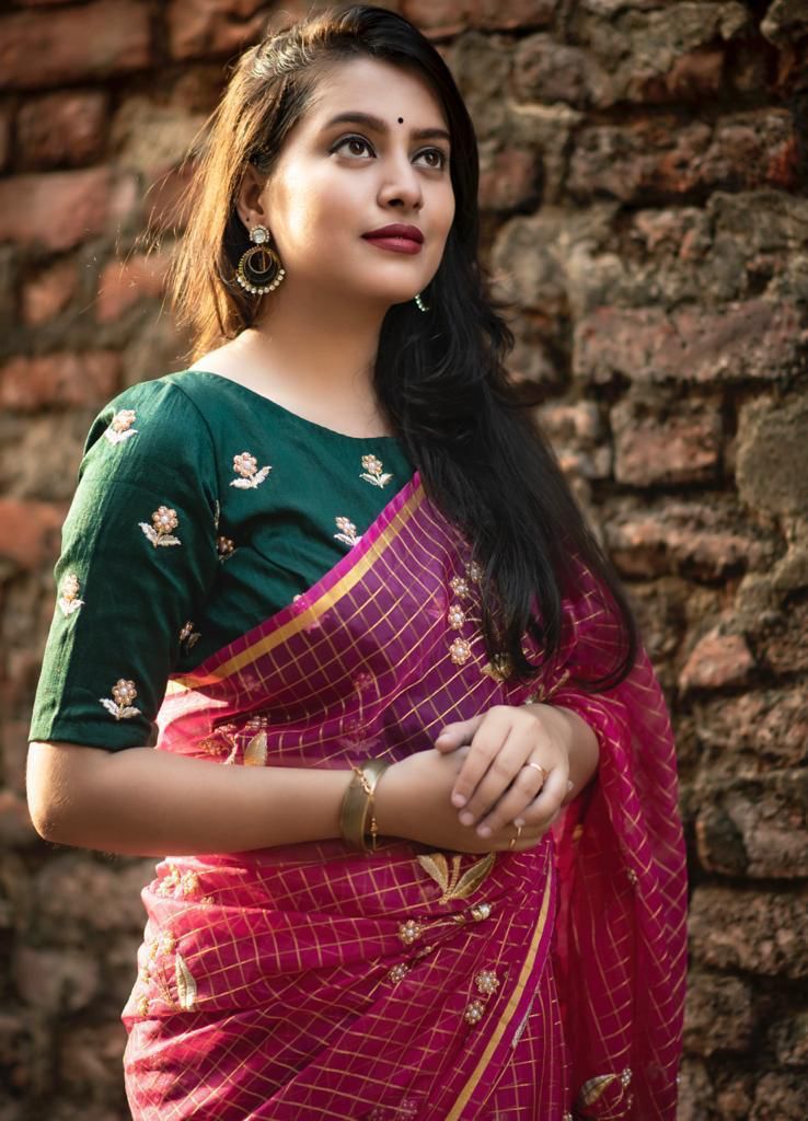 Fabric Kanchi Orgenza Silk Multi Emrodiry Work & Banglori Silk Work Blouse!