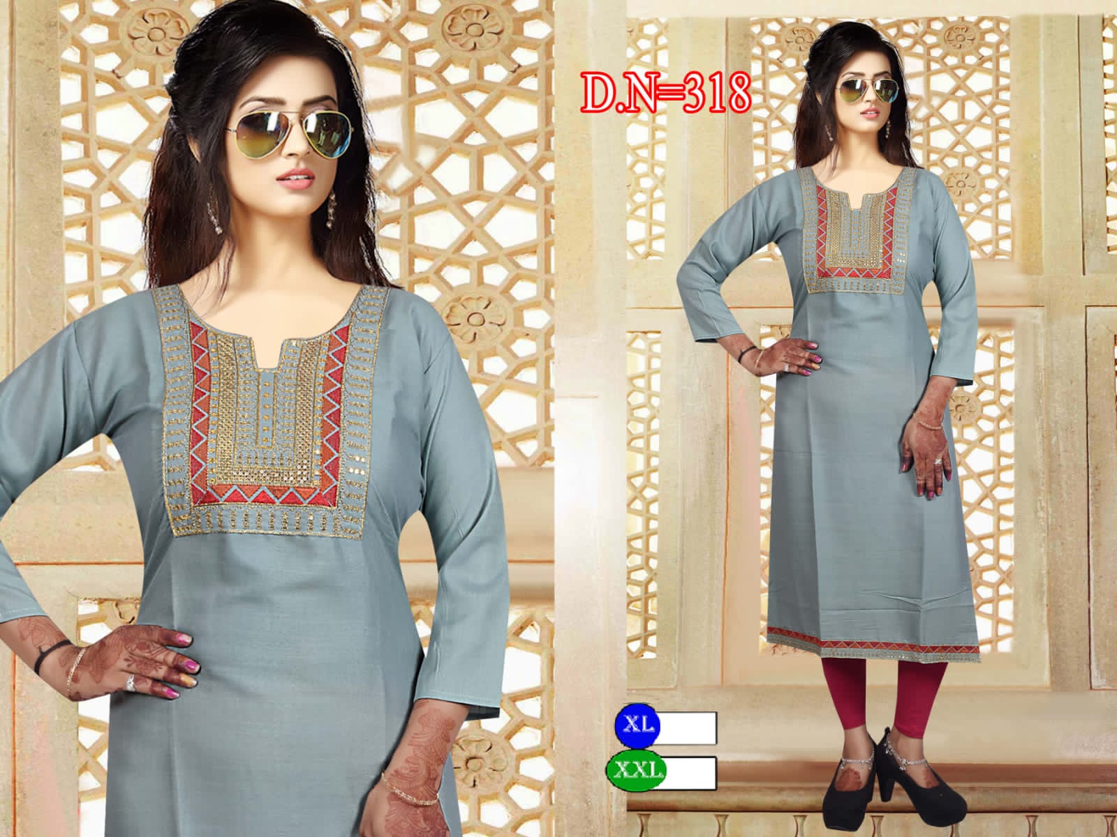 Grey colour round neck needle stitching in two different colours 